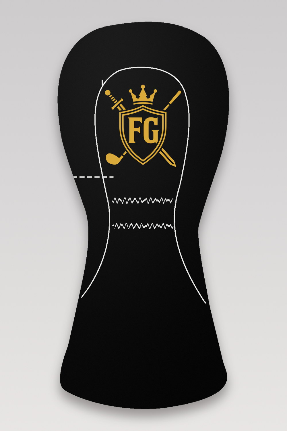 Fairhair Golf driver headcover, back, black with a gold embroidered FG crest