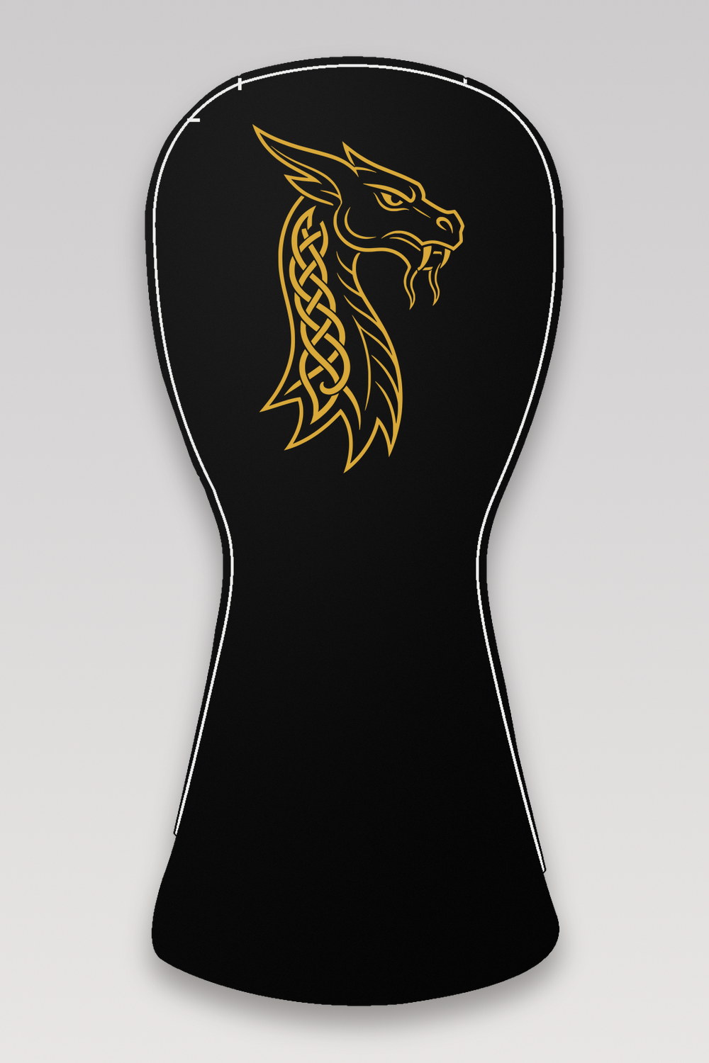 Fairhair Golf driver headcover, front, black with a gold embroidered Viking dragon head
